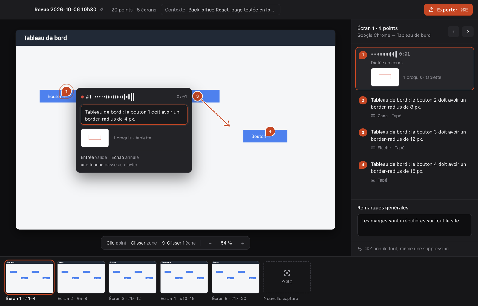 L'éditeur de VibeScreener : capture annotée de points numérotés, commentaires dictés et croquis